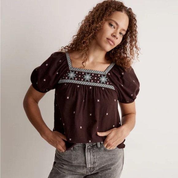 Madewell Brown Embroidered Puff Sleeve Blouse - Picture 1 of 7